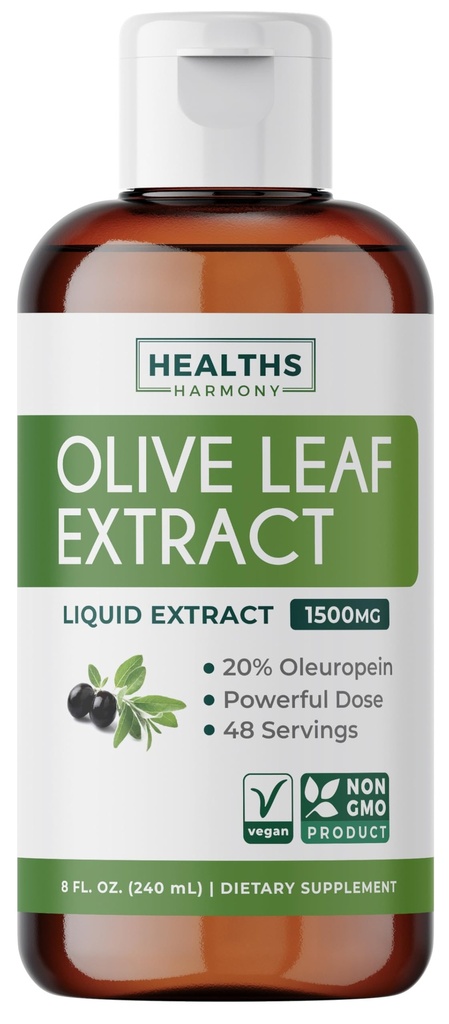 Olive Leaf Extract (non-GMO) Super Strength: 20% Oleuropein - 1500mg - Vegetar - Immunsupport Supplement, Hud Sundhed, og kraftfulde antioxidanter supplement - Flydende ekstrakt - 8 Fl Oz