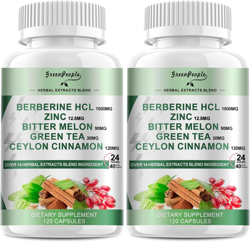 GREENPEOPLE Berberine tillæg med Ceylon kanel - 120 greve Berberine 1500mg Berberine HCL kapsler med Bitter Melon / Artiskoke Ekstrakter & naturlige urter til immunforsvar 2 Pack