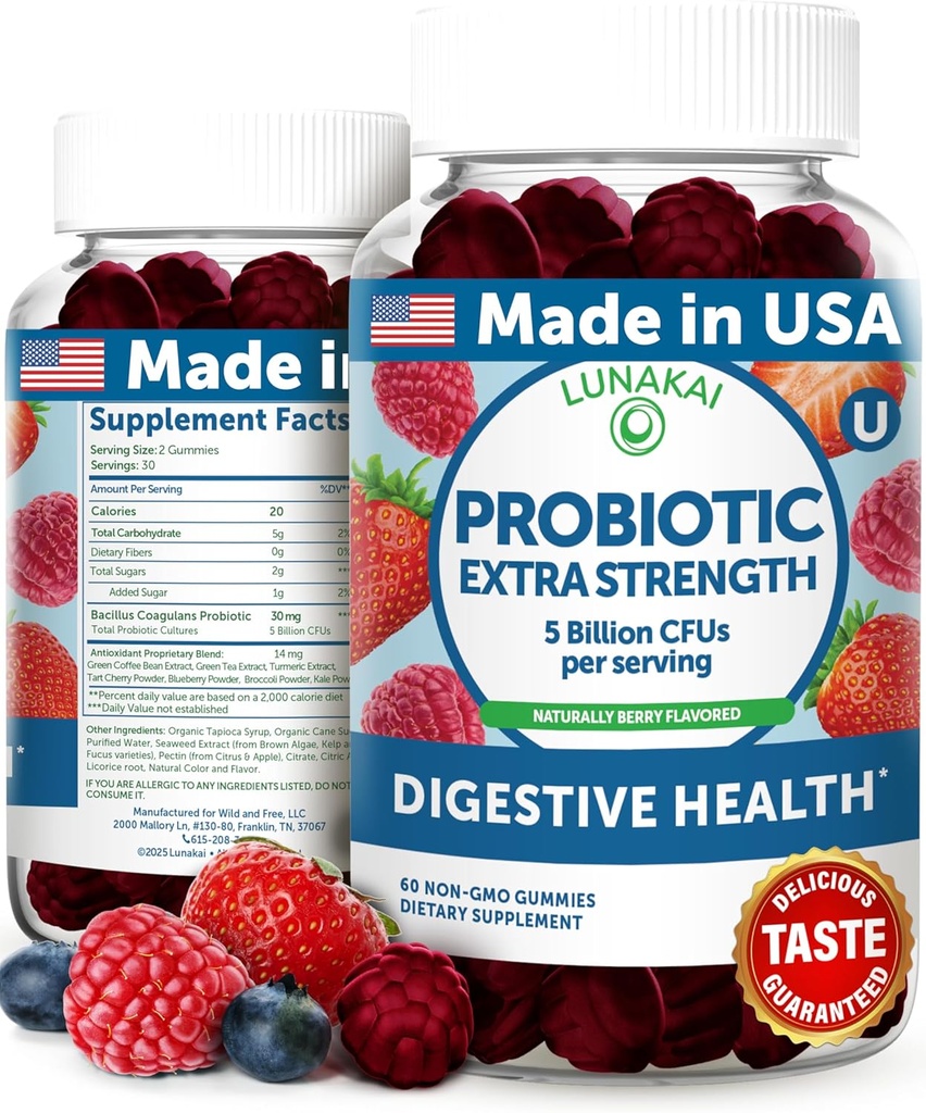 Lunakai USA Made Probiotic Gummies - 5 Millioner CFU 'er, Vegan, Non- GMO, Gluten- Free - Diguestive & immunsupport til kvinder & mænd - 60 Chewable Gummies
