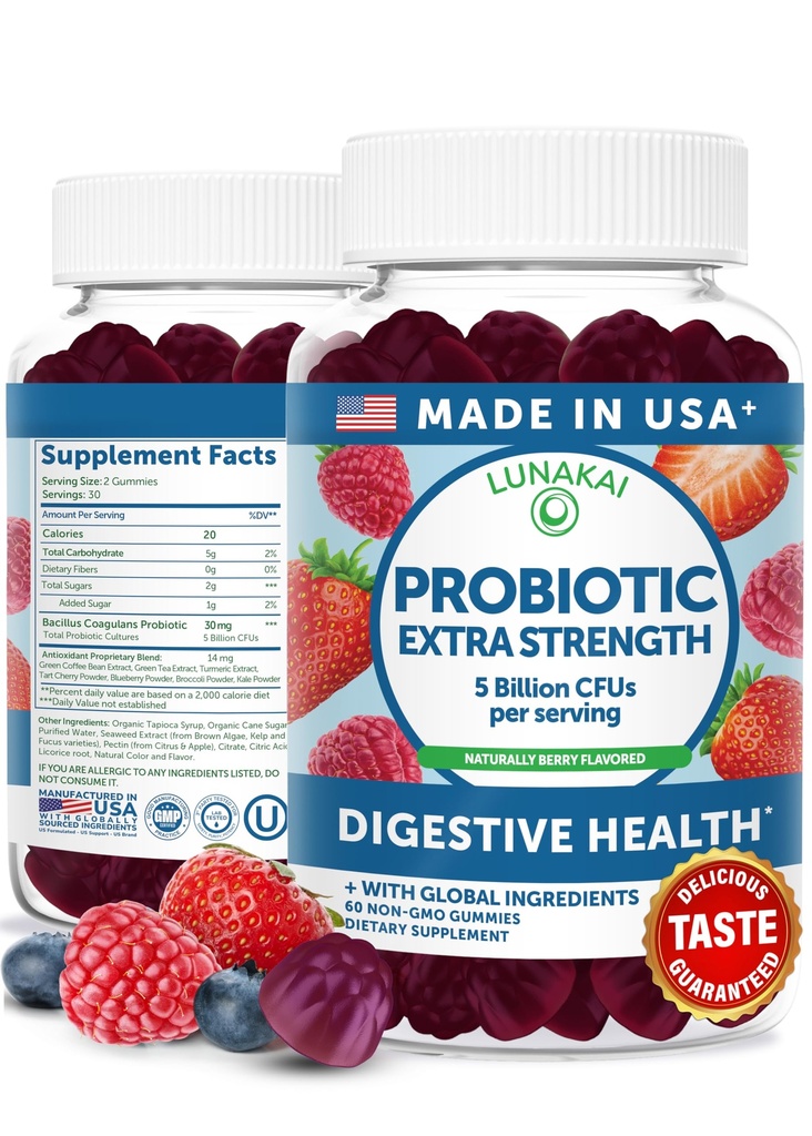 Lunakai USA Made Probiotic Gummies - 5 Millioner CFU 'er, Vegan, Non- GMO, Gluten- Free - Diguestive & immunsupport til kvinder & mænd - 60 Chewable Gummies