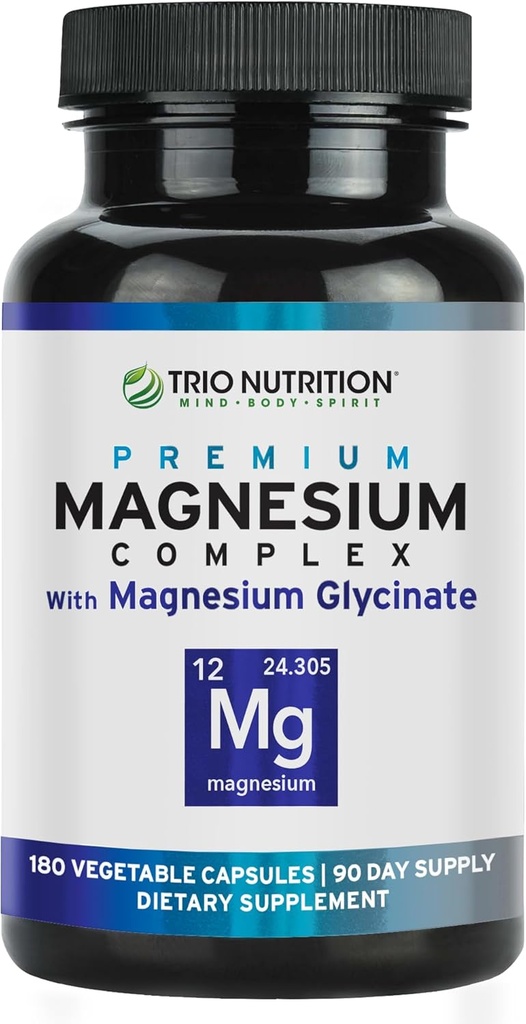Trio Nutrition Magnesium Complex 90 Day Supply 420 mg 10%; Natural Call, Relax, Stress Relief, og Muscle Recovery 12%; Magnesium Glycinate supplement med vitamin B6 til hurtig absorption *