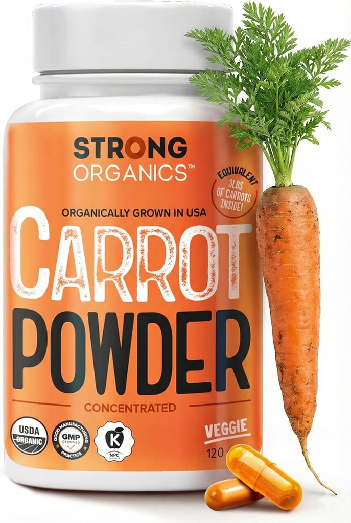 USDA Organic Carrot Powder Kapsler (120), Voksen i USA, Eye Support, Beta Caroten, Vitamin A, Carotenoider, Antioxidanter, 106 ° F Max, Vegan, Kosher-2 Months Supply