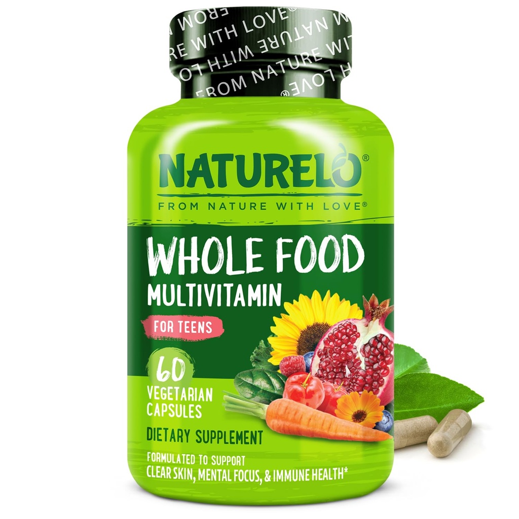 NATURELO Multivitaminer til Teenage piger / drenge, 60 kapsler, hel mad Multivitamin med mineraler, non-GMO, vegetar