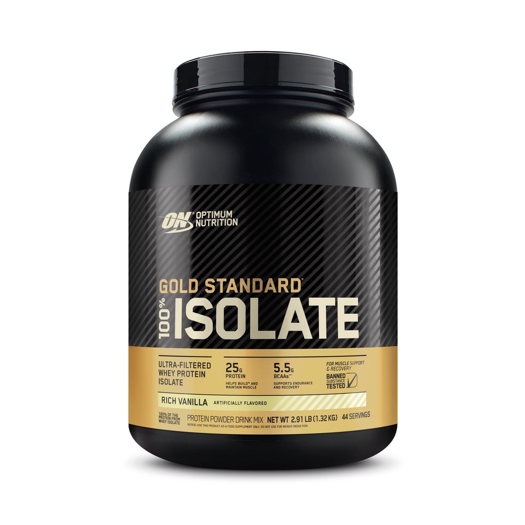 Optimum Nutrition Gold Standard 100% Isolat, Protein Powder, Rich Vanilla, 2,91 Pounds, 44 Servere. Whey Protein Isolate (Emballage Maj Vary)