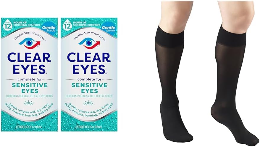 Clear Eyes Sensitive Eye Drops 2 Pack & Truform Sheer Kompression Stokninger kvinders Knæhøj 20 Denier Black Medium