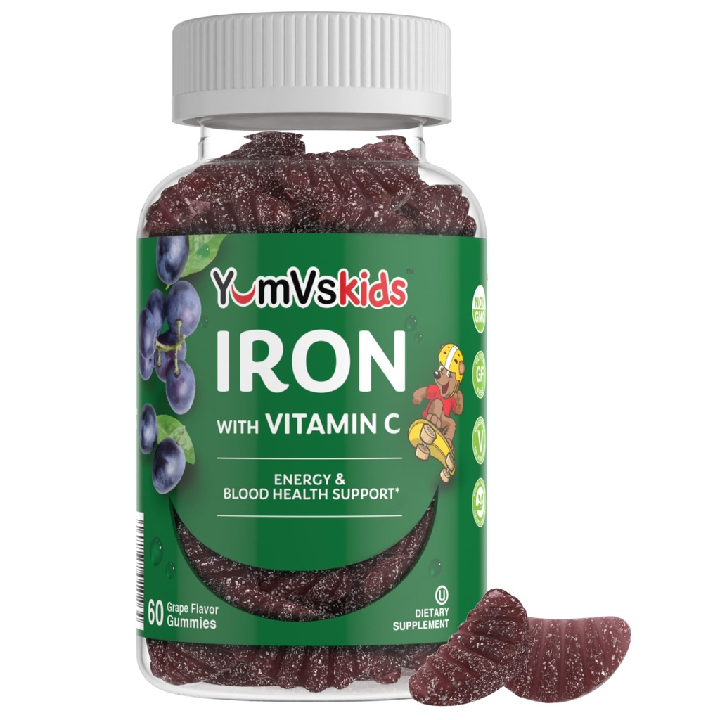 Jerntilskud til børn - 5 mg Kids Gummies med C-vitamin - Great- Tasting Gummies Grape Flavor - Understøtter immunforsvar & hjælper med jernmangel - Vegan, Kosher, Non- GMO - 60 Greve