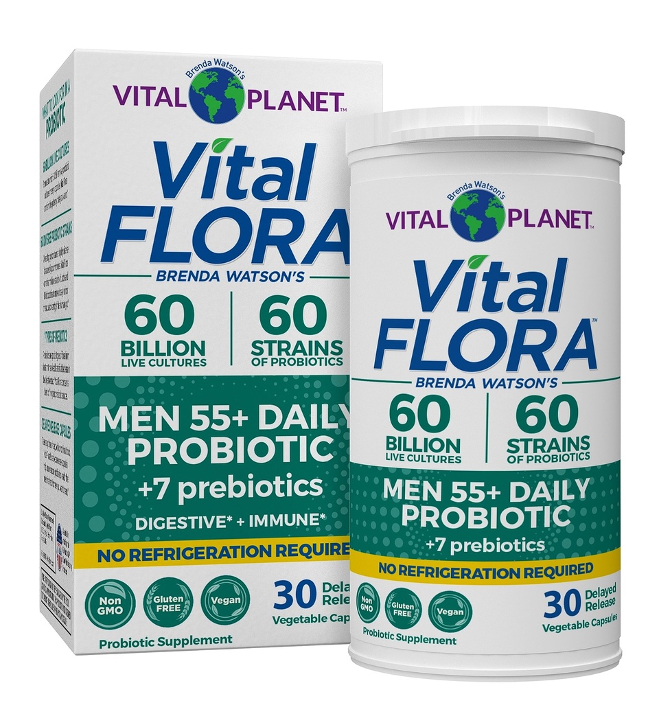 Vital Planet - Vital Flora Mænd Over 55 Daglige Probiotiske, 60 Millioner CFU, Diverse Strops, Organic Prebiotics, Immunity Support, fordøjelsessygdomme Hylde Stabil Probiotika til mænd, 30 Kapsler
