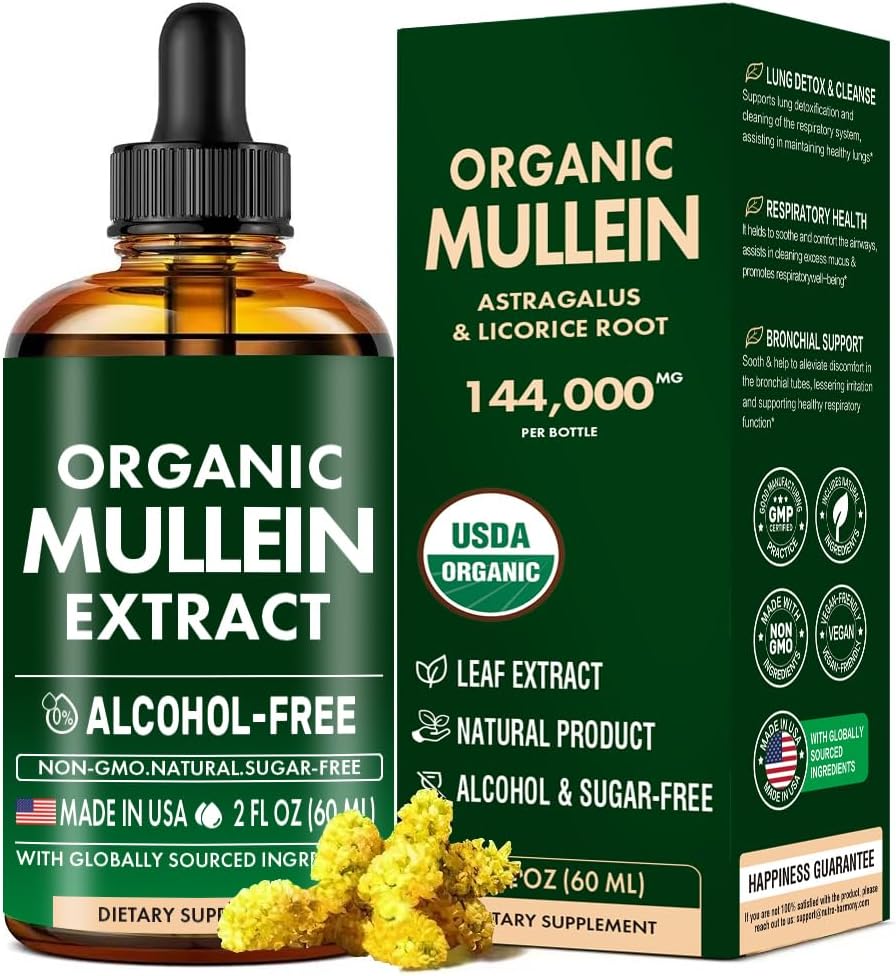 Mullein Drops til Lungs, Mullein Leaf & Licorice Extract Support Lung Cleanse & Sund vejrtrækning, Organic Mullein Leaf Tincture Herbal Supplement, Ingen Tilsætningsstoffer Mullein Extract Drops 2 fl Oz 60Ml