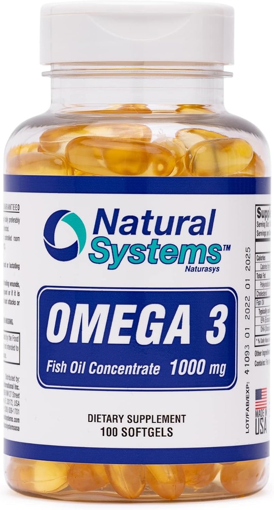 Omega 3 1000mg Fish Oil 100 Koncentreret Softgel af naturlige systemer - Omega 3 Kosttilskud - Kapsler til daglige kost - EPA - DHA - Perfekt til hjerte, øje, hjerne og jokes support *