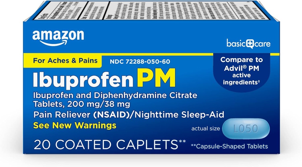Basic Care Ibuprofen PM, Ibuprofen 200 mg og Diphenhydramin Citrate 38 mg tabletter, Pain Reliever og Nighttime Sleep- Aid, 20 Greve