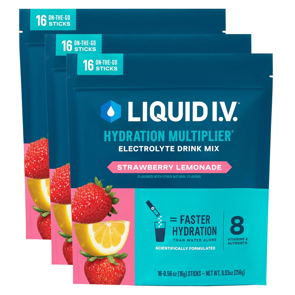 Flydende I.V. ® Hydration Multiplier - Strawberry Lemonade Yep 124; Elektrolyte Powder Drink Mix 124; 3 Pack (48 Servere)