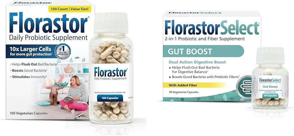 Florastor Probiotic Bundle for fordøjelse, Gut Health - 100 ct. Probiotic for fordøjelse og immunforsvar + 30 ct. Gut Boost Daglig Probiotic & Prebiotic - Boost Good Bacteria & Flush Out The Bad