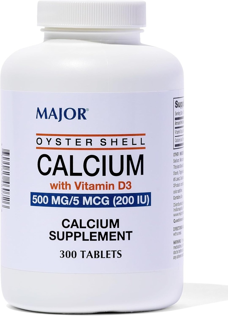 Major Oyster Shell Calcium med D3- vitamin 500 mg / 5 mcg (200 IE) - Dagligt calciumsupplement - 300 tabletter (1 pakning)