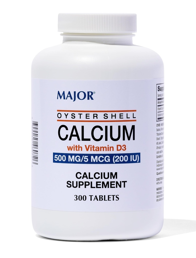 Major Oyster Shell Calcium med D3- vitamin 500 mg / 5 mcg (200 IE) - Dagligt calciumsupplement - 300 tabletter (1 pakning)