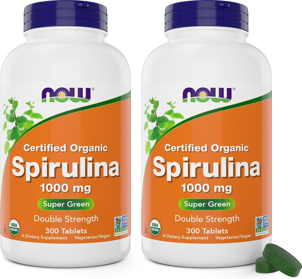 Now Foods Organic Spirulina 1000mg Tablets - 300 Count (Pack of 2) - Non- GMO, Super Green Hel Food Supplement - Double Strength 1000 mg - naturligt occurring Beta- Caroten (VIT A), B- 12 og GLA