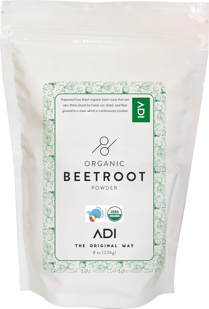 ADI USDA Certified Organic Beetroot Powder - 8oz, nitrogenoxid Booster, Raw Beetroot til Bagning & Juice, Natural Red Food Farvelægning, Resealable Pouch