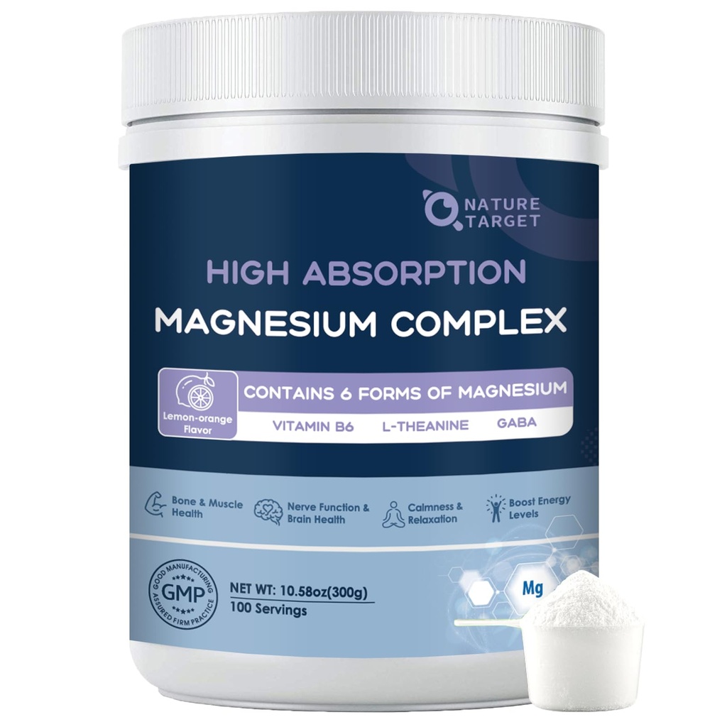 NATUR TARGET Magnesium pulver tillæg med Glycinat, Citrat, Malat, Magnesium kompleks med L- Theanin & vitamin B6 for muskel, hjerte & hjerne, Vegan, 10.58 oz (100 Servere), Lemon Orange Flavor