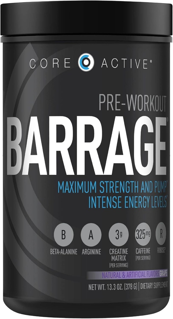 Barrage Pre Workout Powder - Fortræning for kvinder og mænd, Creatin Powder, Beta Alanine, Agmatine Sulfate, & Koffein - Muskel Builder for mænd med Intense Energy - Grape (30 Servere)