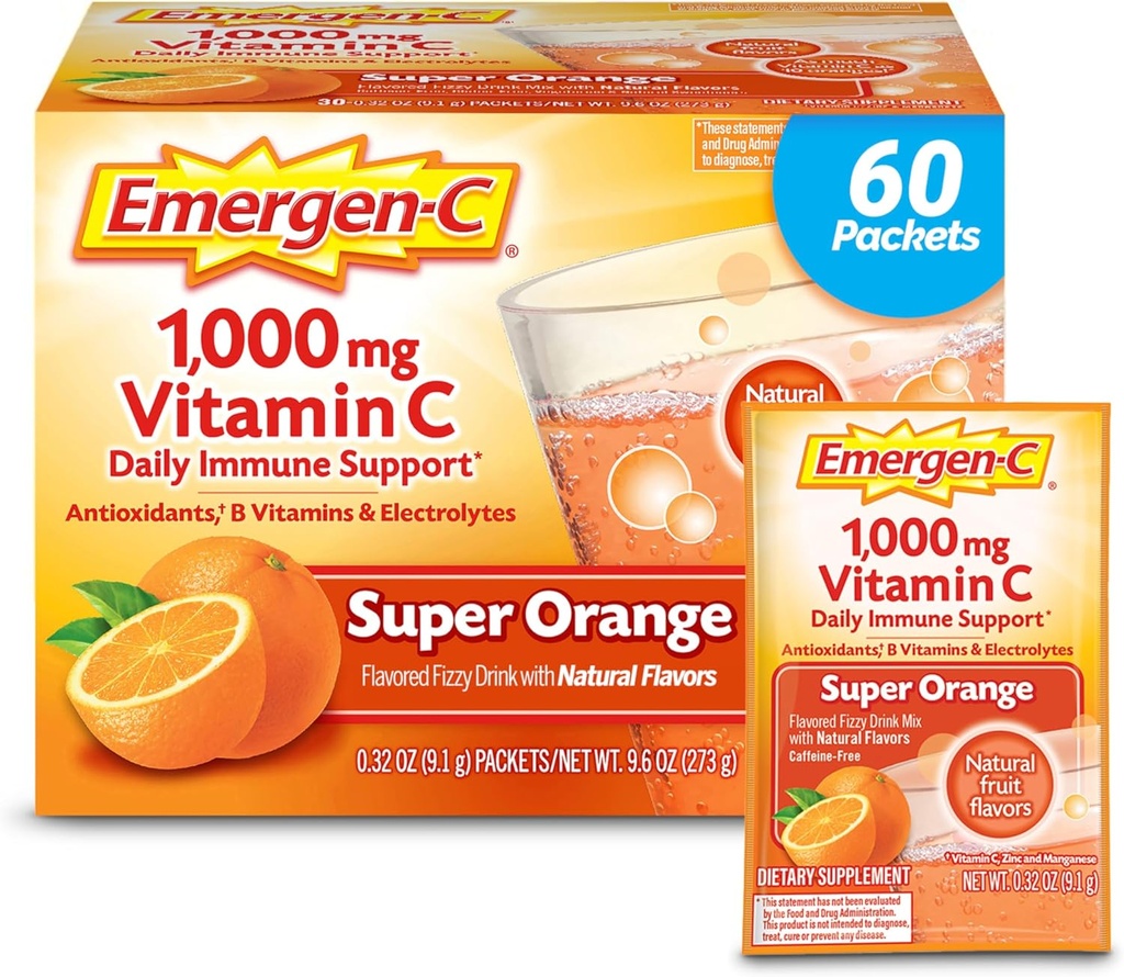 Emergen- C 1000mg C-vitamin pulver til daglig immunstøtte Koffein fri C-vitamin kosttilskud med zink og mangan, B-vitaminer og elektrolyter, Super Orange Flavor - 60 Greve / 2 Måned Supply