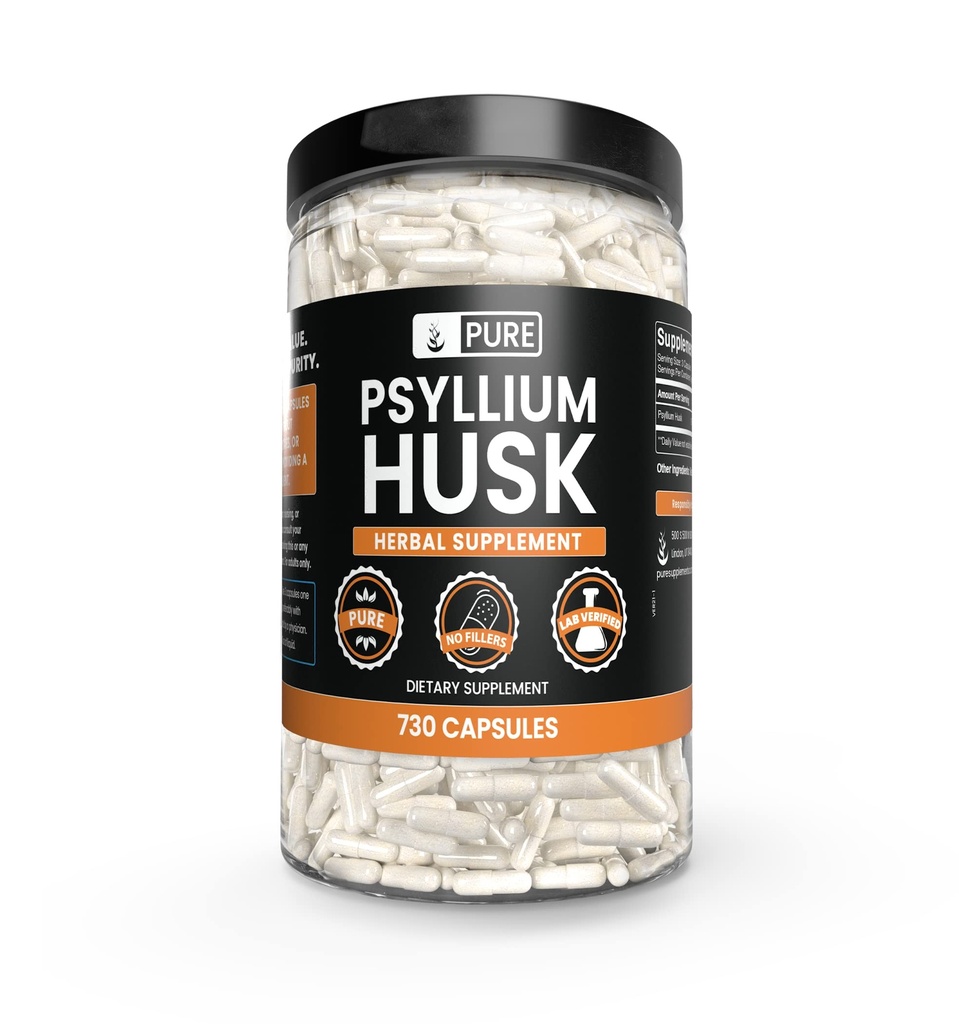 PURE ORIGINAL INGREDIENSER Psyllium Husk (730 kapsler) Ingen Magnesium eller ris Fyldere, Altid Pure, Lab Verified