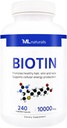 ML Naturals Biotin 10000 mikrogram 240 Vegetabilske kapsler. Understøtter sundt hår, hud, negle og energi produktion, NSF- Certified & cGMP- Compliant