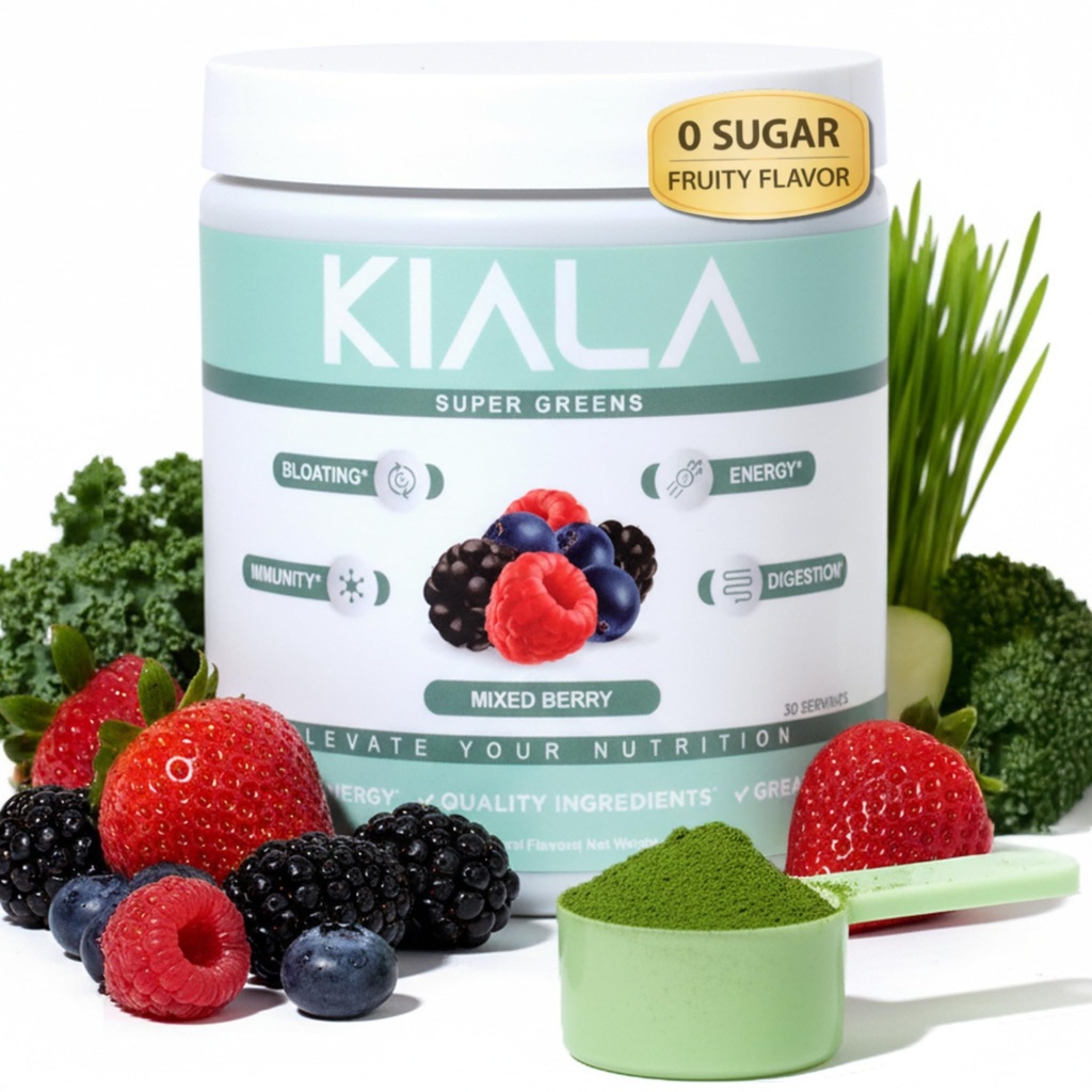 Kiala Nutrition Super Green, Organic Green Pulver med Spirulina & Chlorella til fordøjelse, Gut Sundhed, Immunitet, Energi, Gluten Free, Vegan, Sukker Free, Blandede Berry, Spectra Blend, 30 Serveringer