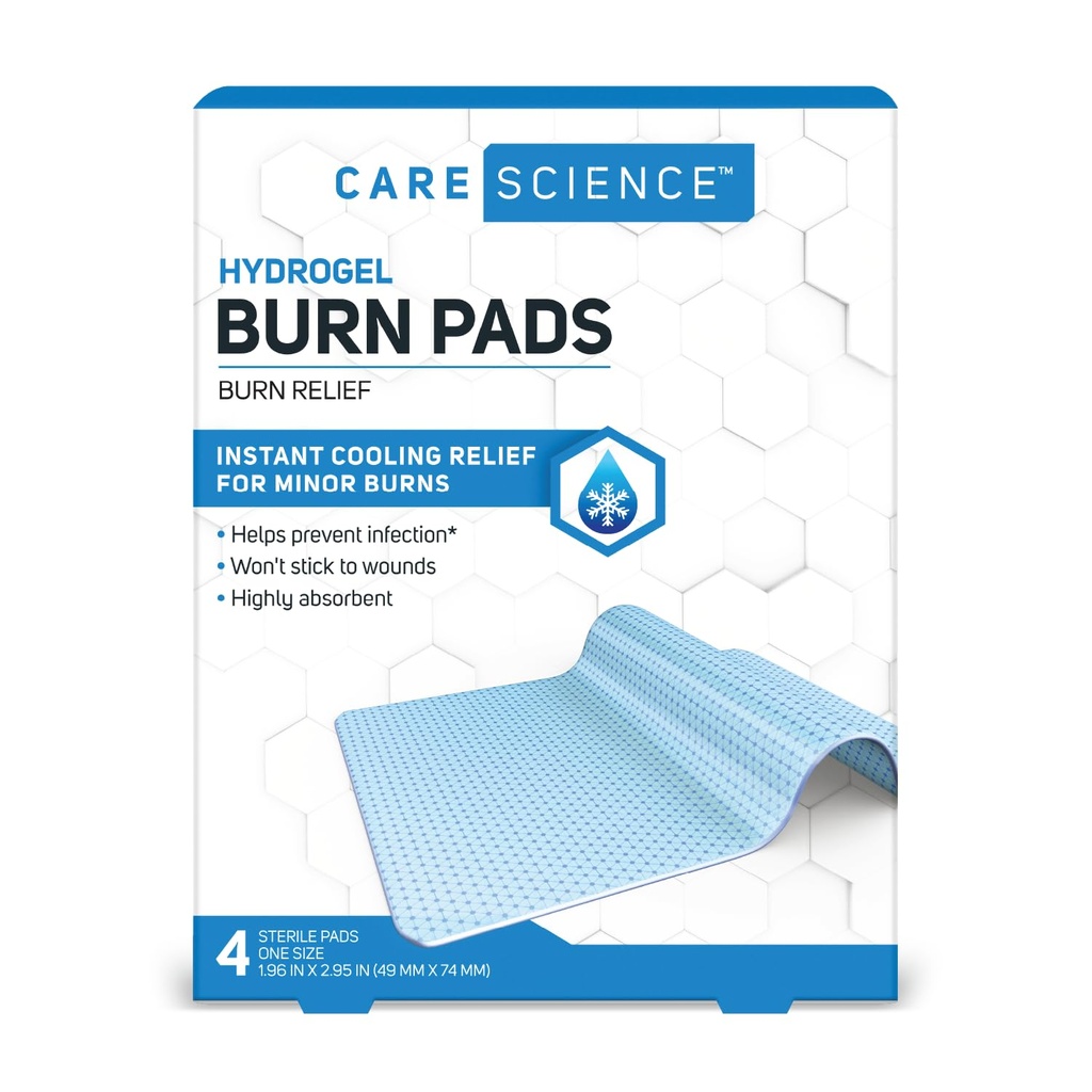 Care Science Hydrogel Steril Burn Dressing Bandage Pads til Burn Relief, 4 ct; Instant Cooling Relief til Mindre Burns & Sår