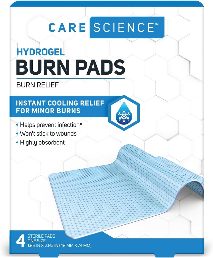 Care Science Hydrogel Steril Burn Dressing Bandage Pads til Burn Relief, 4 ct; Instant Cooling Relief til Mindre Burns & Sår