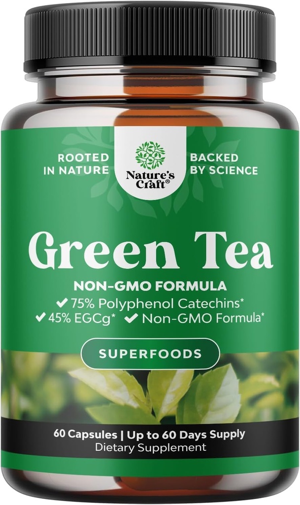 Grøn te ekstrakt kapsler - 500 mg Pure Leaf grøn te koffein supplement - EGCG, Koffein ekstrakt & polyphenoler supplement til sund stofskifte støtte til kvinder & mænd - Natural Detox - 60 Greve