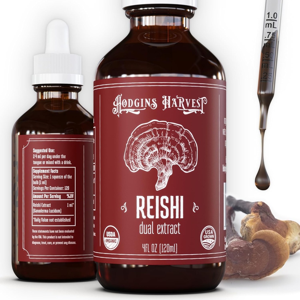 Hodgins Harvest Organic Reishi Mushroom Fruiting Body Extract Tinktur - Ekstra koncentreret Dual Extract Supplement - Understøtter hjerte sundhed & wellness - USDA Organic Mushrooms - 4 oz