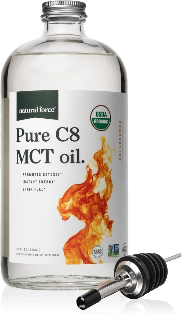 Naturkraft Økologisk Pure C8 MCT Oil - Flydende MCT olie i glasflaske Container - Koncentreret Captac Acid - Keto, Paleo, Kosher, Vegan & Non- GMO - Lab testet for kvalitet og renhed, 32 Ounce