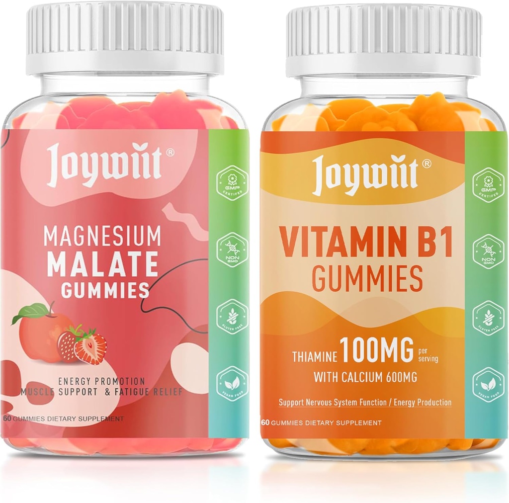 Magnesiummalat + L- Theanin + CoQ10 + B6 (Jordbær) & Thiamin B1 + Calcium (Orange) Gummies, Stress Relief, Energy, Nerve & Bone Support, Vegan Non- GMO, 120 tyggetabletter (2 × 60)