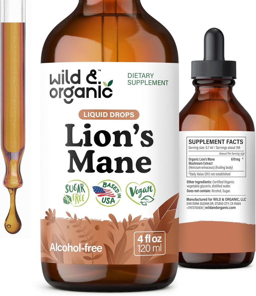 Wild & Organic Lions Mane Liquid Drops - Brain & Focus Support - Lion's Mane Mushroom Supplement - Hericium Erinaceus Mushroom Drops - Vegan, Sugar & Alcohol-Free Extract Tincture - 4 fl oz