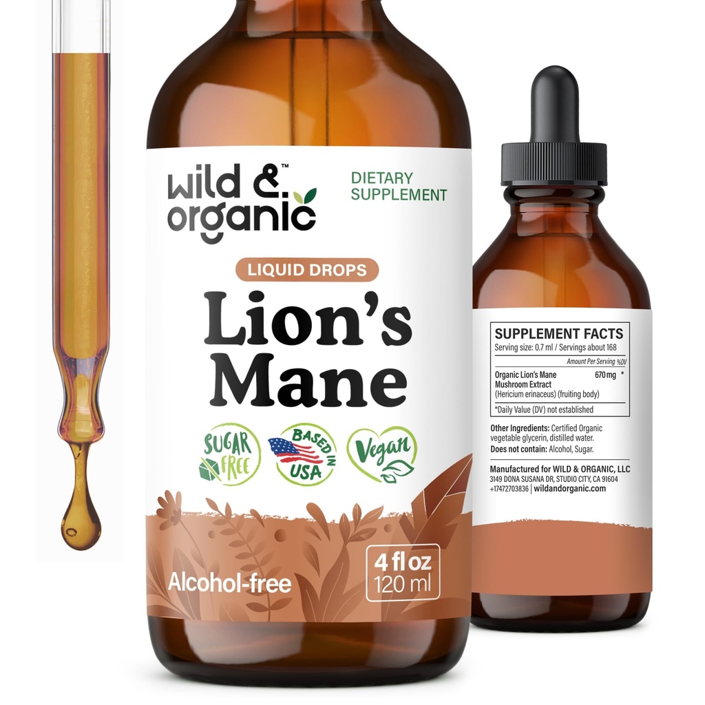 Wild & Organic Lions Mane Liquid Drops - Brain & Focus Support - Lions Mane Mushroom Supplement - Hericium Erinaceus Mushroom Drops - Vegan, Sugar & Alcohol- Free Extract Tincture - 4 fl oz