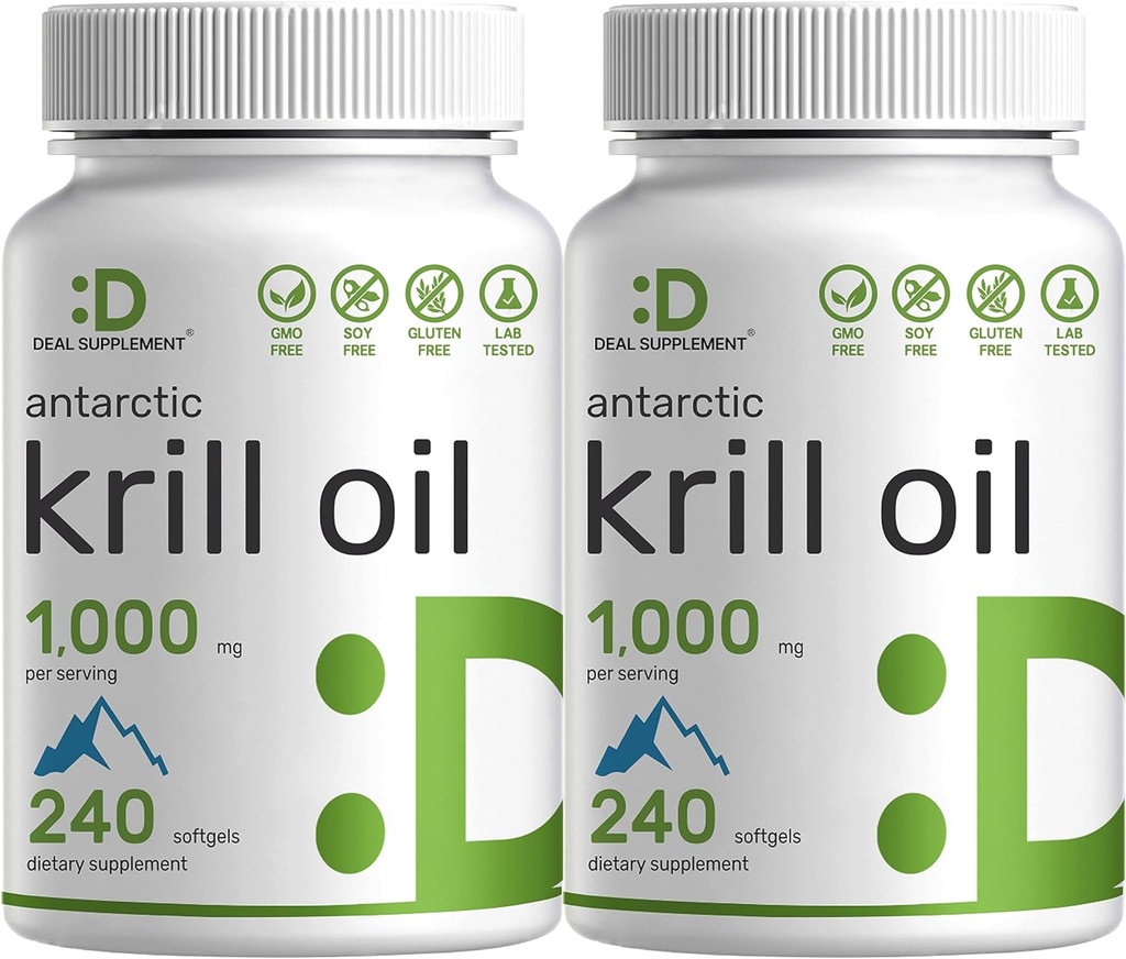 DEAL TILLÆG 2 Pack Antarctic krill Oil, 1000 mg Per Serving, 480 Softgels - Mercury Free, No Fishy Taste - Rich in Omega- 3s, EPA, DHA, Astaxanthin, & Phospholipids - Non-GMO, No Gluten