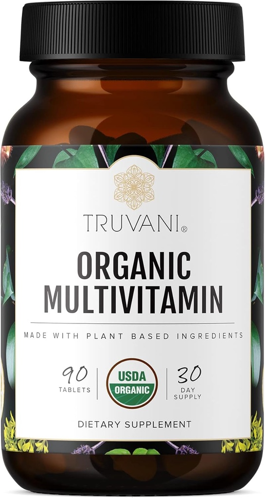 Truvani Daily Organic Multivitamin Supplement - Vegan, Ikke GMO tabletter med Iron & Biotin - Dairy, Soy, & Gluten Free - 30 dages forsyning (90 tabletter)