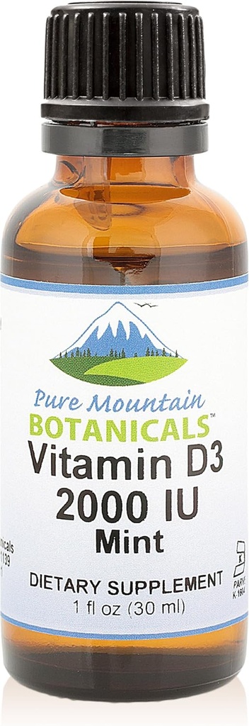 Pure Mountain Botanicals Flavored D-vitamin Drops - Mint Flavored flydende D3- 2000iu per Servering - 1oz flaske