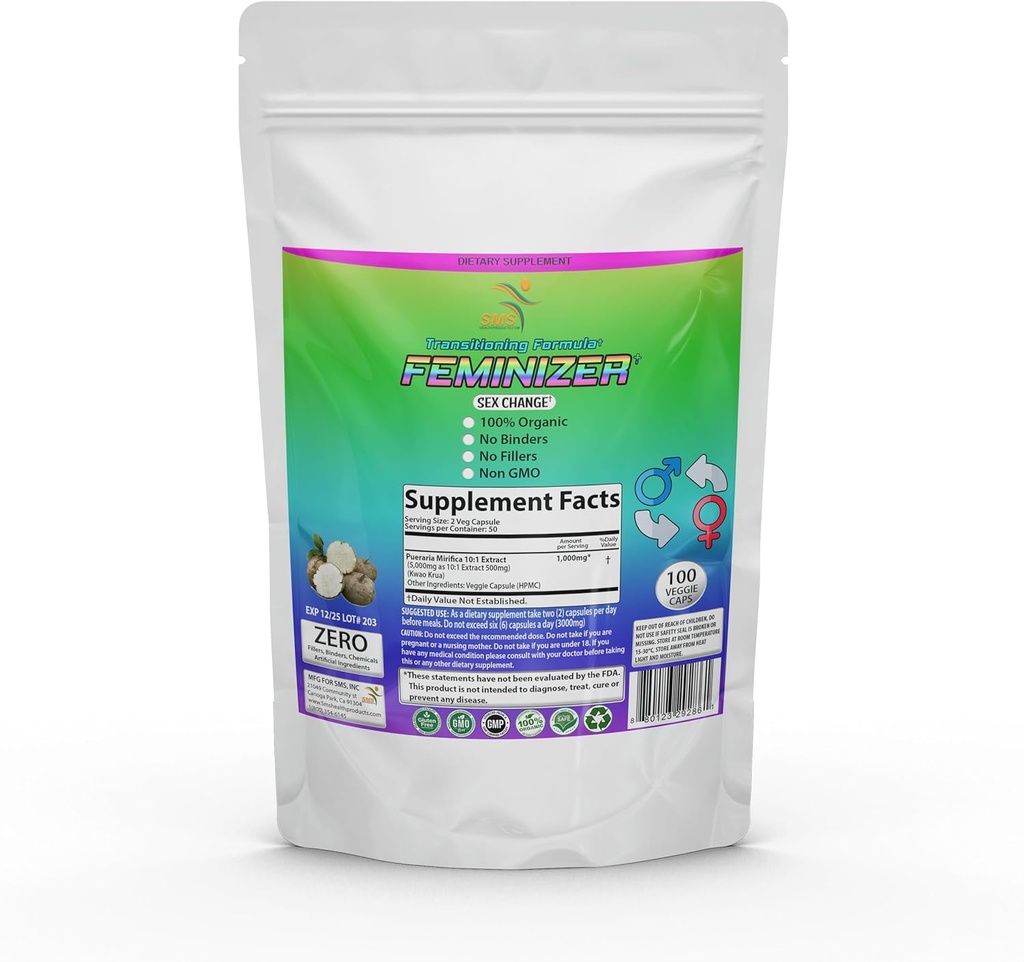 Feminizer Sex Change Pills med SMS, 100 Veggie Caps Pueraria Mirifica For østrogen 1.000mg Pure 10: 1 Root Extract Powder - Kwao Krua Kao - Premium Grade, Organisk for kvinder, Transseksuel, Ladyboy, LGBT