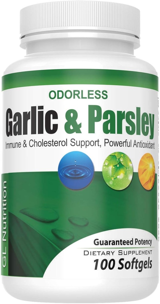 Odorless hvidløg og Persley Softgels af GL Nutrition Note 124; All- Natural Detox, der øger immunitet & Metabolisme, understøtter hjerte sundhed & Kolesterol Niveau 100: 1 Uddrag Note 124; 100 Tæl