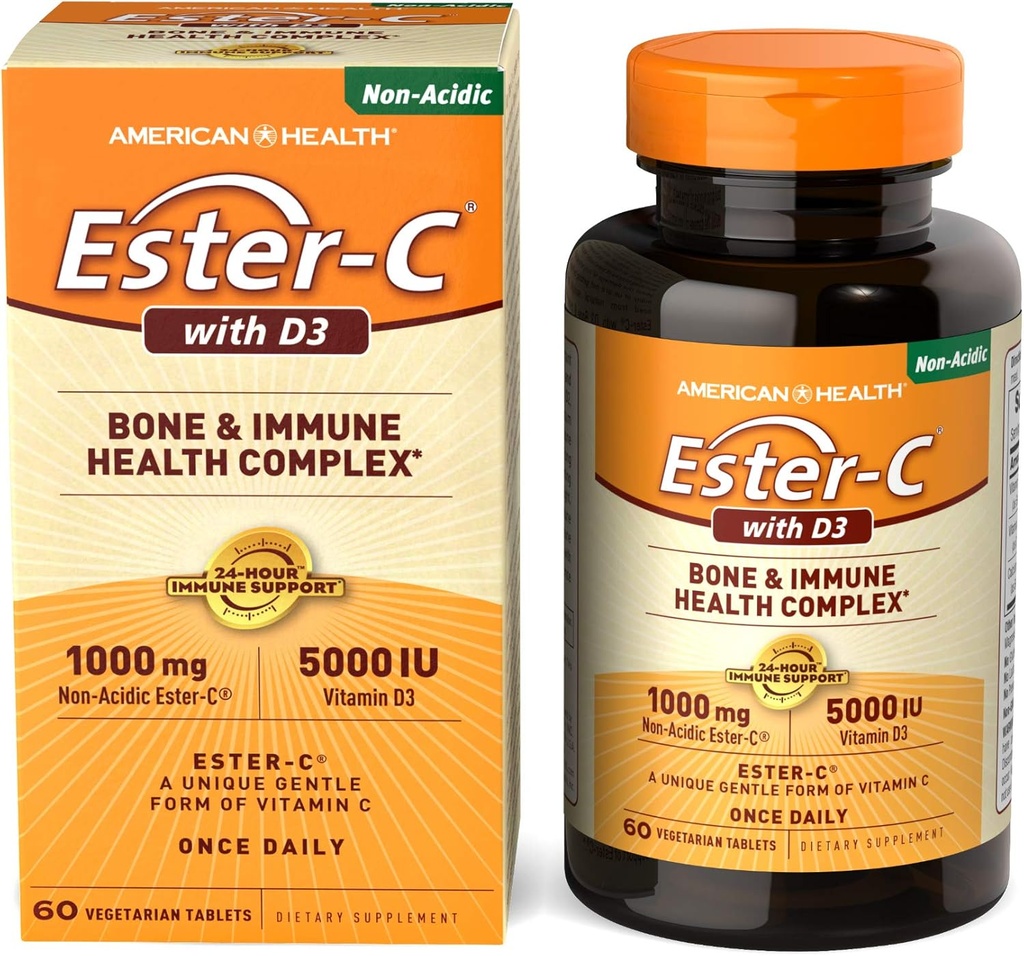 American Health EsterC med D3 Bone immunkompleks Vegetar tabletter 24Hour immunstøtte 1000 mg EsterC 5000 IE D3 Vitamin Nonacid C Servering, 60 Tæl