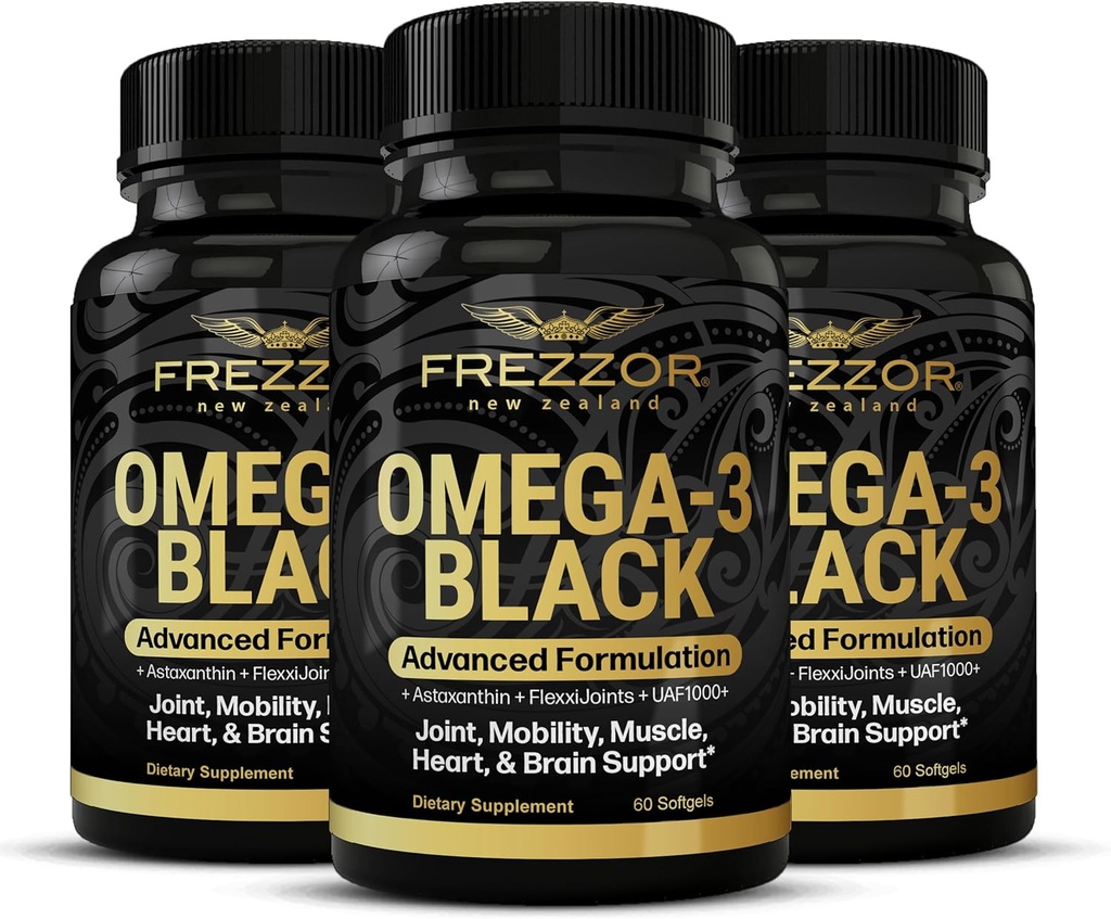 FREZZOR Omega 3 Sort til fælles pleje & Comfort - New Zealand Green Lipped Mussel Oil Capsules; 53x Højere potens med UAF1000 + Super Antioxidant, Ingen Fishy Eftersmag, 60 Greve (Pack of 3)