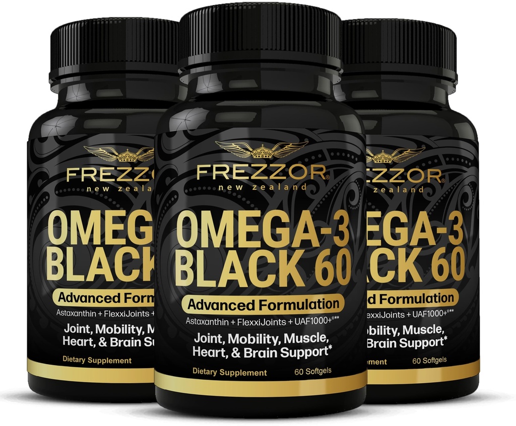 FREZZOR Omega 3 Sort til fælles pleje & Comfort - New Zealand Green Lipped Mussel Oil Capsules; 53x Højere potens med UAF1000 + Super Antioxidant, Ingen Fishy Eftersmag, 60 Greve (Pack of 3)
