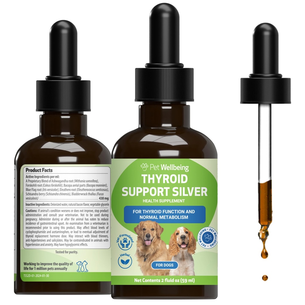 Pet Wellbeing Thyroid Support Sølv til hunde - Understøtter Balanceret Thyroid funktion, sund metabolisme, Normal energi, Ashwagandha, Bacopa - Veterinarian- Formuleret Herbal Supplement 2 oz (59 ml)
