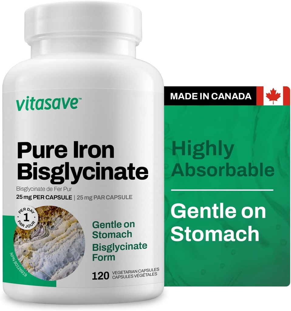 Vitasave Iron Bisglycinate - High Absorption Iron Supplement for Energy, Anæmi & immunforsvar - Tunge på Mave - Vegan, Non- GMO, Gluten- Free - 120 Kapsler (Made in Canada)