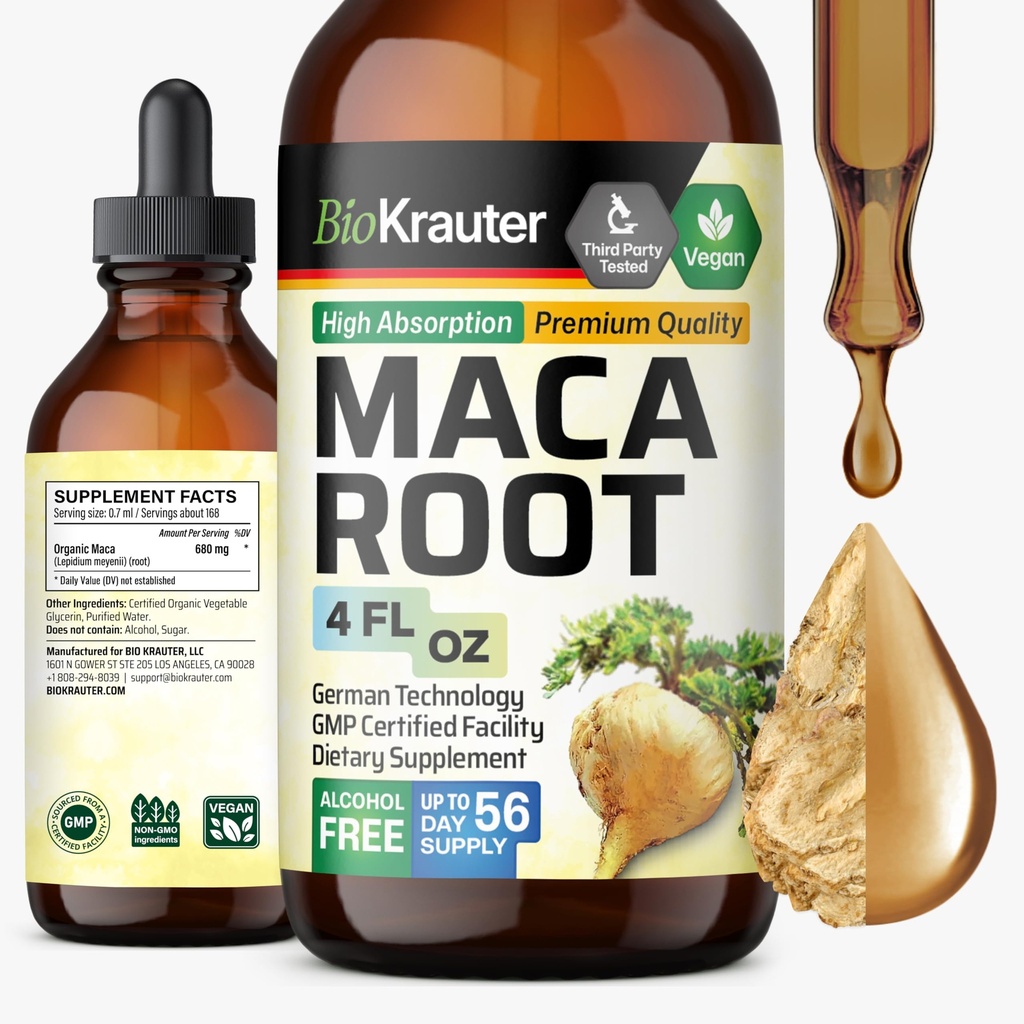 BIO KRAUTER Maca Root Liquid Drops - Maca Extract Tincture - Vegan, Sukker & Alkohol Free Extract 4 Fl.Oz.