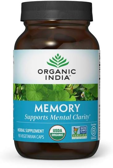 ORGANISK INDIA hukommelse herbal supplement - hjerne supplement til hukommelse og fokus, Bacopa Monnieri & Gotu Kola hjerne herbal supplement, hukommelse support - USDA Certified Organic, non-GMO - 90 kapsler