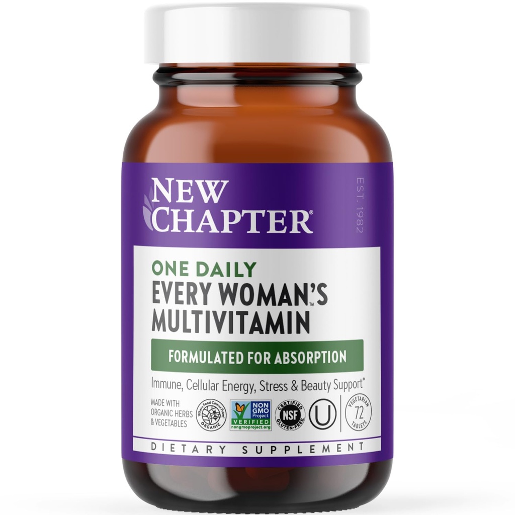 Nyt kapitel Kvinder Multivitamin, Jern, B6, B12, Biotin til hårvækst, D3, Vit C, Zink til immunforsvar & stress Support, Tunge på en tom mave, En daglig, ikke-GMO, Glutenfri, 18 +, 72 tabletter