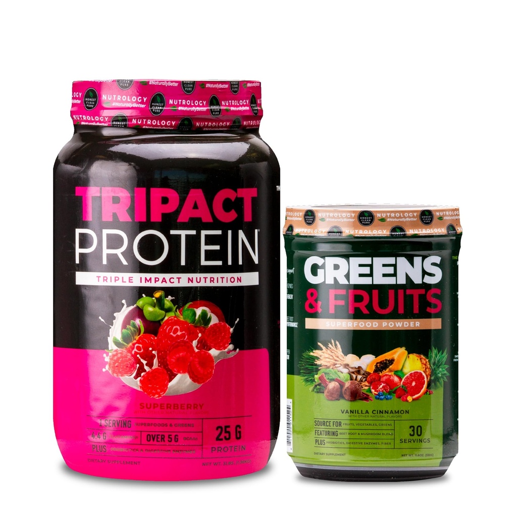 Nutrologi TRIPACT Protein Powder, 7- in-1 Meal Erstatning Shake, Superberry (40 Servere) Grønne & Frugter Powder- naturligt sourced Superfood, Vanilla kanel (30 Servere)