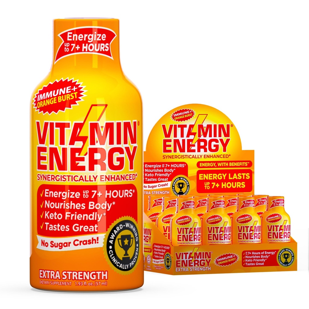 Vitamin Energy Immunum + ekstra styrke Energy Shot Orange Burst 12 Pack, 260mg Natural Coffein, B-Vitamin, Citicolin, Green Tea, Immunity & Focus Support, Zero Sugar, Gluten- Free 1,93 fl oz