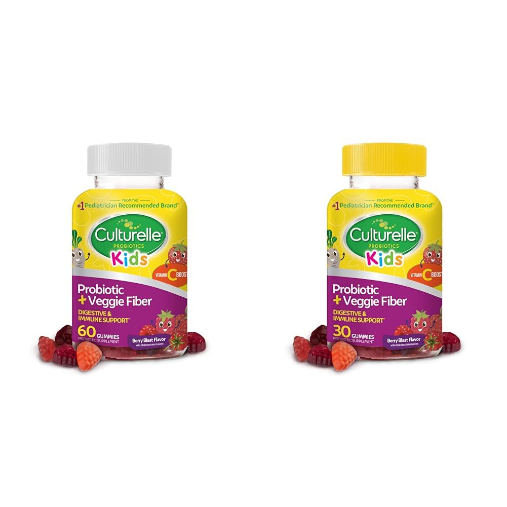 Culturelle Kids Daily Probiotic + Veggie Fiber Gummies (60 & 30 Greve) - Berry Flavor, fordøjelse og immunforsvar